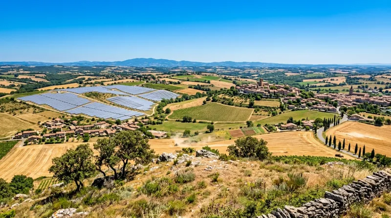 Une photo d'un paysage de l'Occitanie centrale sous un soleil intense et un ciel bleu sans nuages