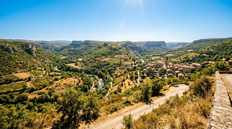 Une photo d'un paysage de vallée en Aveyron sous un soleil éclatant et une chaleur intense