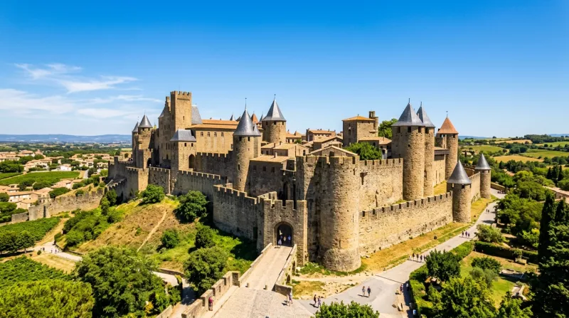 Une photo de la cité de Carcassonne sous un soleil de plomb et un ciel bleu dégagé
