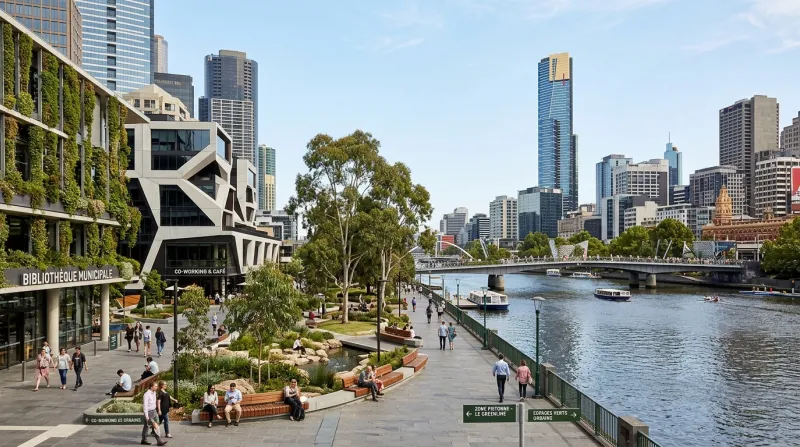 Une photo d'un paysage urbain de Melbourne mêlant architecture moderne, espaces verts et zones piéto