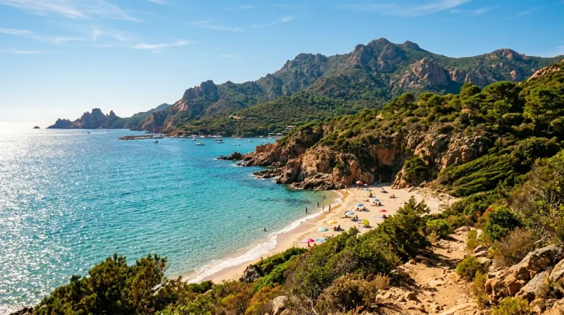 Une photo d'un paysage côtier en Corse-du-Sud sous un soleil radieux et une atmosphère chaude