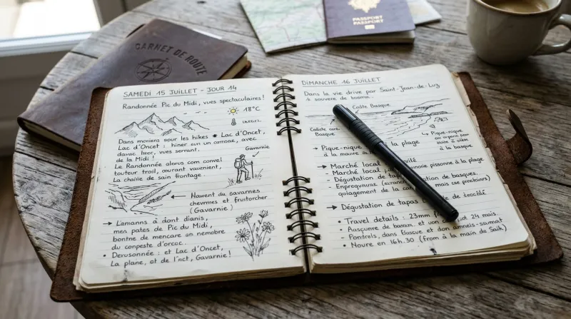 Une photo d'un carnet de route ouvert avec des notes manuscrites et un stylo