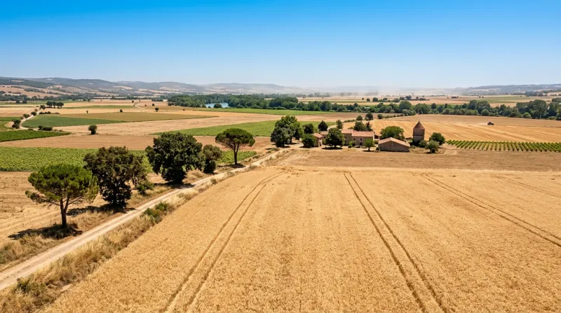 Une photo d'un paysage ensoleillé dans la plaine du Tarn sous une forte chaleur
