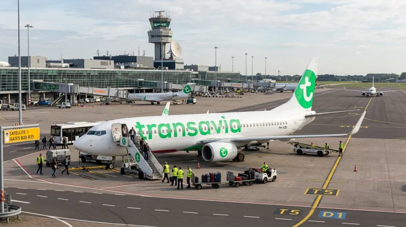Une photo d'un avion de la compagnie Transavia sur le tarmac d'un aéroport