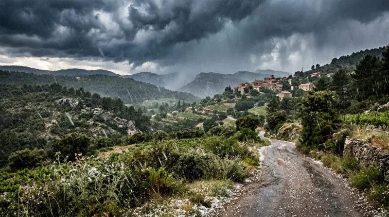 Une photo d'un paysage de l'arrière-pays varois sous un ciel d'orage avec de la grêle