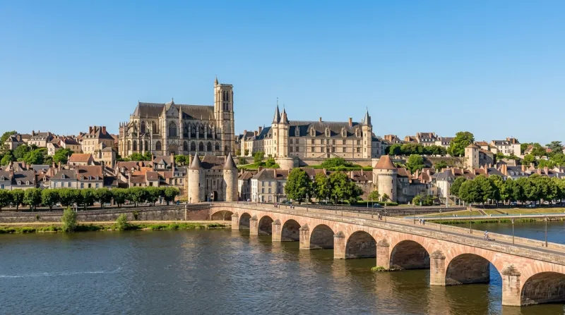 Une photo d'un paysage urbain paisible de la ville de Nevers sous un ciel dégagé