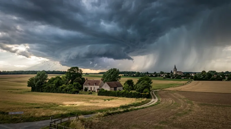 Une photo d'un ciel d'orage impressionnant au-dessus d'un paysage de campagne dans l'Oise