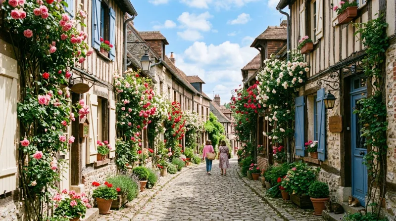 Une photo d'une ruelle pittoresque dans le village de Gerberoy bordée de rosiers en fleurs sous un c