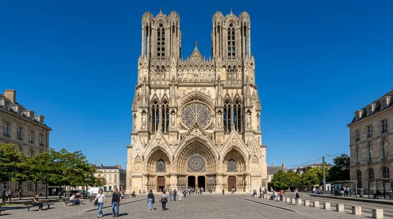 Une photo de la façade majestueuse de la cathédrale de Reims sous un ciel clair