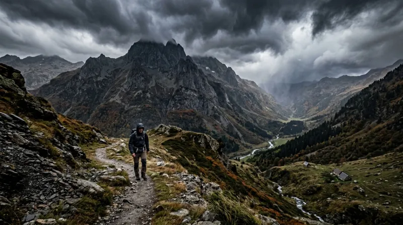 Une photo d'un paysage de montagne dans les Hautes-Pyrénées sous un ciel d'orage et de vent