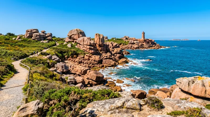 Une photo des chaos rocheux de granit rose sur la côte de Ploumanac'h sous un ciel clair