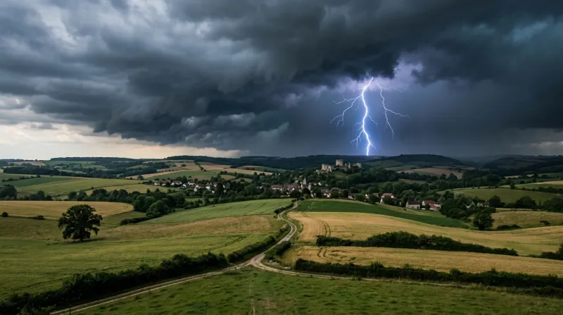 Une photo d'un paysage dans l'Aisne sous un ciel d'orage avec des éclairs