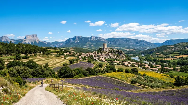 Une photo d'un paysage de la Drôme sous un soleil radieux et un ciel bleu azur.
