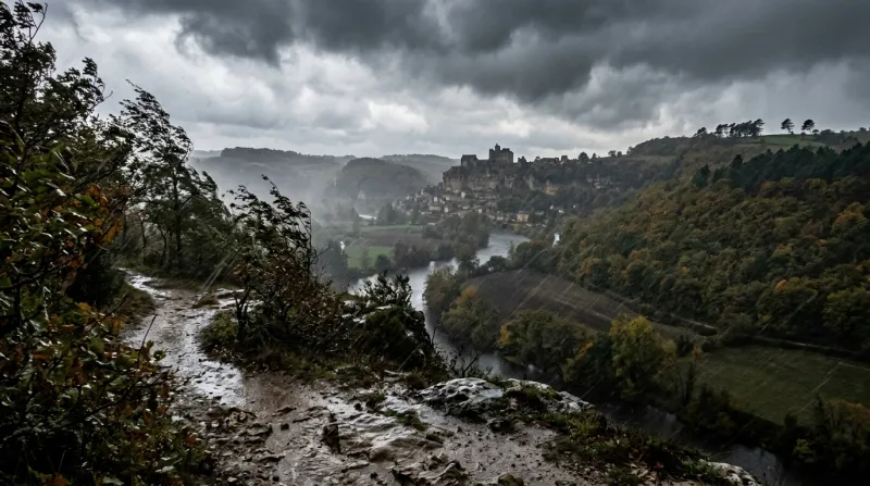 Une photo d'un paysage de Dordogne sous une pluie battante et des vents forts