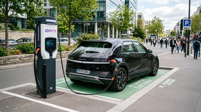 Une photo d'une voiture électrique moderne branchée à une borne de recharge extérieure