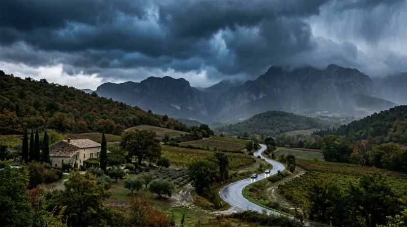 Une photo d'un paysage de la Drôme sous un ciel d'orage et pluvieux