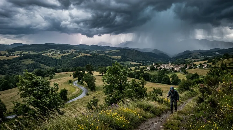 Une photo du piémont ariégeois sous un orage d'été avec des rafales de vent