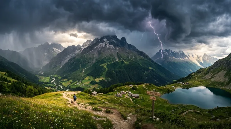 Une photo d'un paysage de montagne en Haute-Savoie sous un ciel orageux
