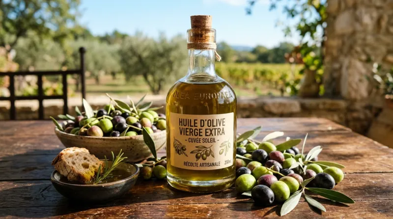 Une photo d'une bouteille en verre d'huile d'olive entourée d'olives fraîches sur une table en bois 