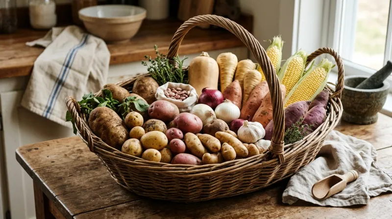 Une photo de pommes de terre fraîches et de divers féculents disposés dans un panier rustique