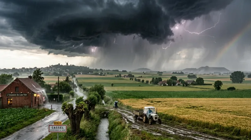Une photo d'un paysage du département du Nord sous un ciel orageux avec de fortes averses