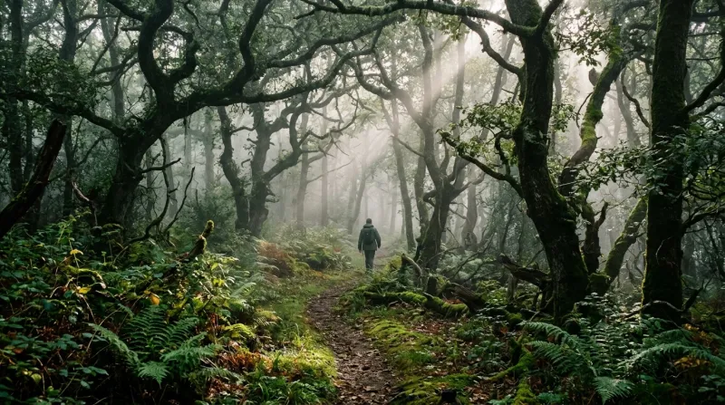 Une photo de la forêt de Brocéliande avec une atmosphère mystique et naturelle