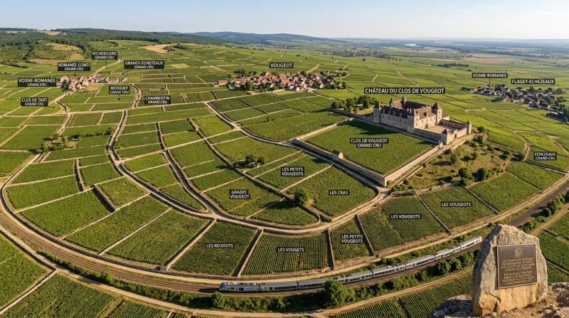 Une photo panoramique du vignoble de Bourgogne avec ses parcelles de vignes précisément délimitées
