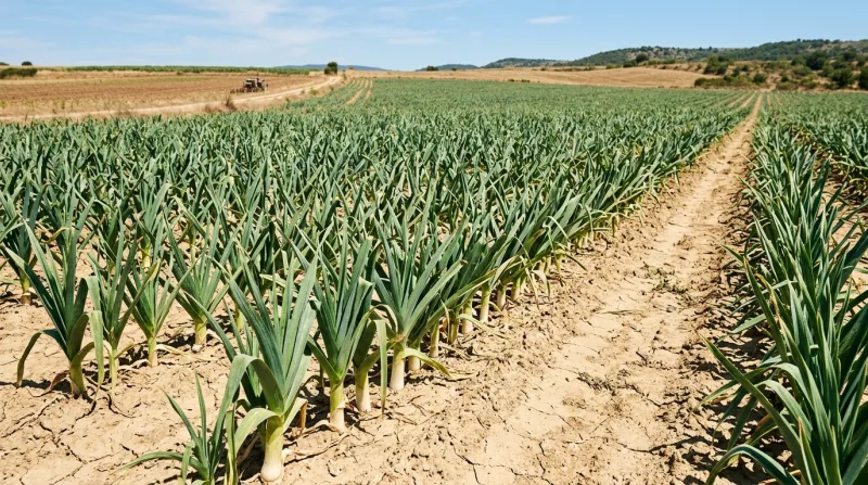 Une photo de poireaux plantés dans un champ sous un soleil intense et un sol sec