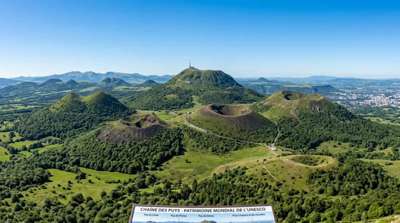 Une photo panoramique des volcans de la Chaîne des Puys sous un ciel dégagé
