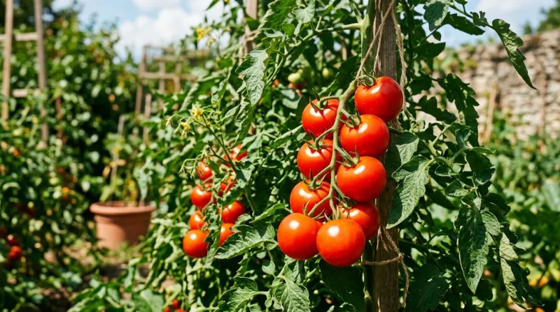 Une photo de tomates rouges à la peau lisse et brillante sous un soleil d'été