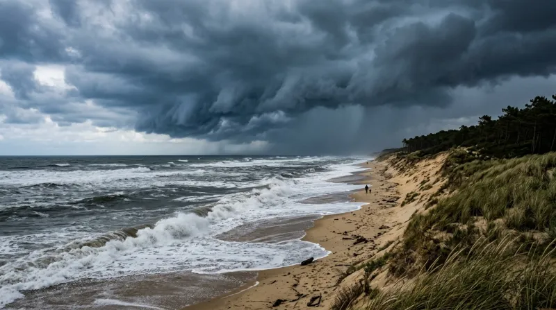 Une photo d'un paysage côtier des Landes avec un ciel d'orage au-dessus de l'océan