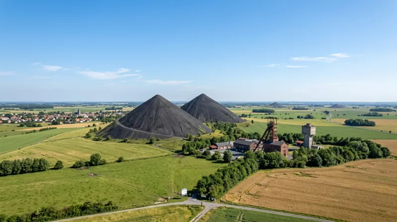 Une photo des terrils jumeaux de Loos-en-Gohelle s'élevant dans le paysage du Nord sous un ciel déga