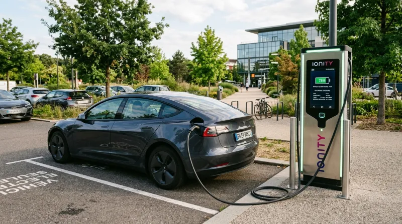 Une photo d'une voiture électrique branchée à une borne de recharge moderne montrant le niveau de ba