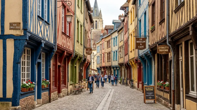 Une photo des maisons à pans de bois colorées du centre historique de Troyes