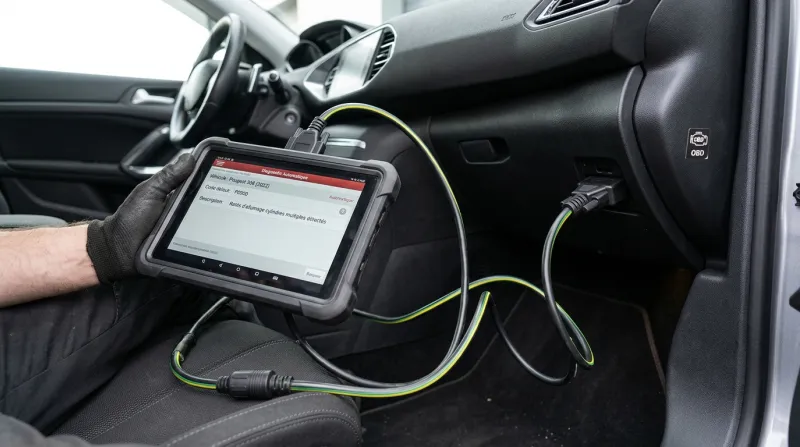 Une photo d'un outil de diagnostic électronique professionnel connecté à la prise OBD d'une voiture.