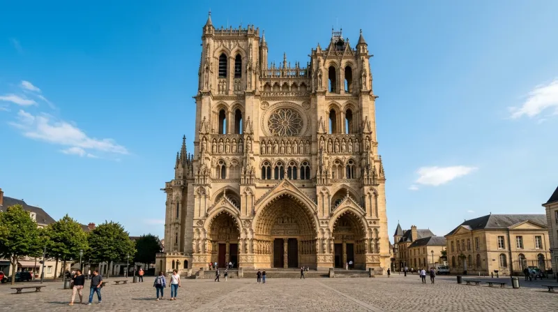 Une photo de la façade de la cathédrale d'Amiens sous un ciel clair