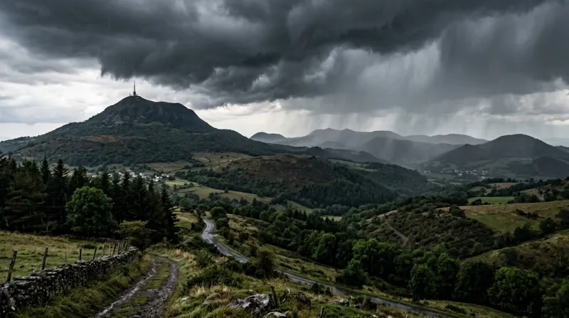 Une photo d'un paysage montagneux du Puy-de-Dôme sous un ciel d'orage menaçant avec de la pluie