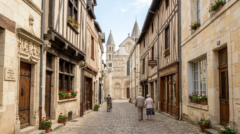 Une photo d'une rue paisible du centre historique de Poitiers mettant en valeur son architecture méd