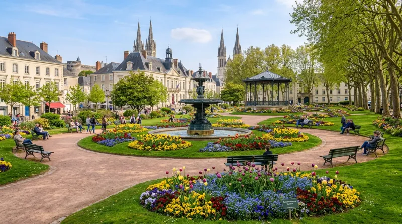 Une photo d'un parc urbain verdoyant et fleuri au cœur de la ville d'Angers