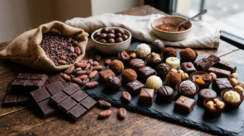 Une photo d'un assortiment de délicieux chocolats, de carrés de chocolat noir et de confiseries caca
