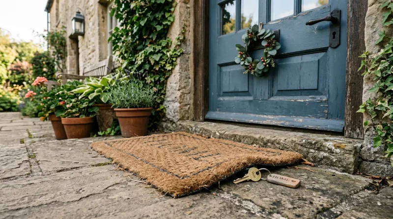 Une photo d'une clé de maison dissimulée sous un paillasson devant une porte d'entrée