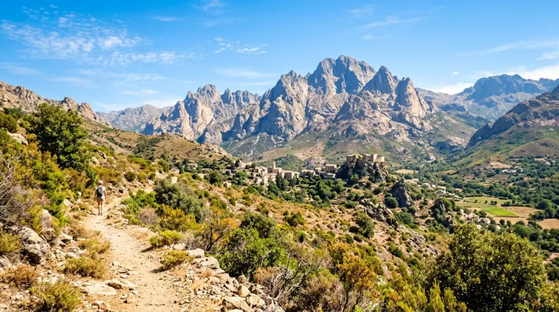 Une photo d'un paysage de Haute-Corse sous un soleil intense avec les montagnes en arrière-plan.