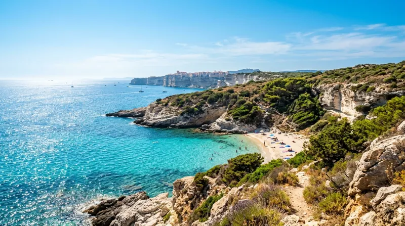 Une photo d'un paysage ensoleillé sur le littoral de la Corse-du-Sud sous une forte chaleur