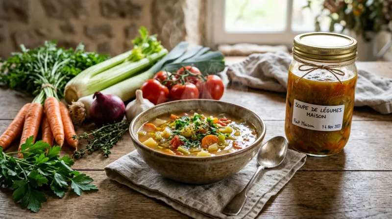 Une photo d'un bol de soupe de légumes chaude à côté d'un bocal en verre et de légumes frais