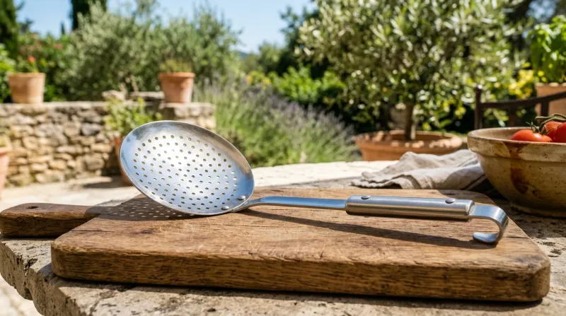 Une photo d'une écumoire de cuisine en acier inoxydable sous le soleil