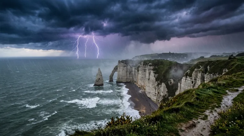 Une photo des falaises de la côte en Seine-Maritime sous un ciel d'orage et de pluie
