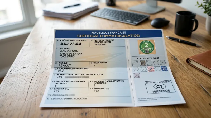Une photo d'un certificat d'immatriculation de voiture posé sur un bureau.