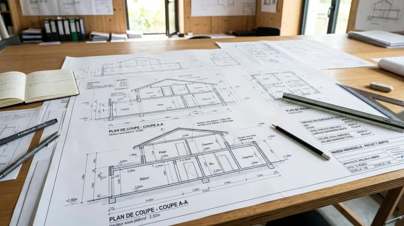 Une photo de plans d'architecte détaillant la surface et le volume d'une maison.