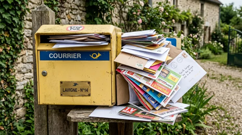 Une photo d'une boîte aux lettres débordant de courriers et de prospectus.