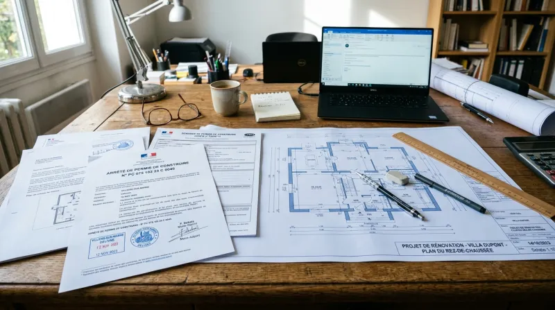 Une photo de documents officiels de permis de construire et de plans d'architecte posés sur un burea